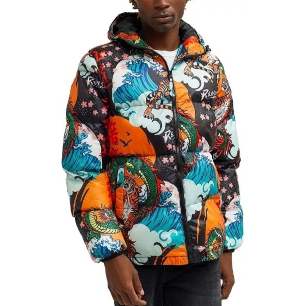 Reason Jacket Mens Large Multicolor Hooded‎ Puffer Tiger Dragon Print Tattoo S